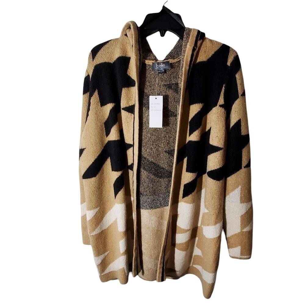 Belle by Bellini Women's 2X Hooded Cardigan Sweater Houndstooth‎ Tan Black White